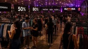 Araras de roupas e público sob placas de 50% e 80% de desconto em imagem de divulgação do Eufforia Outlet