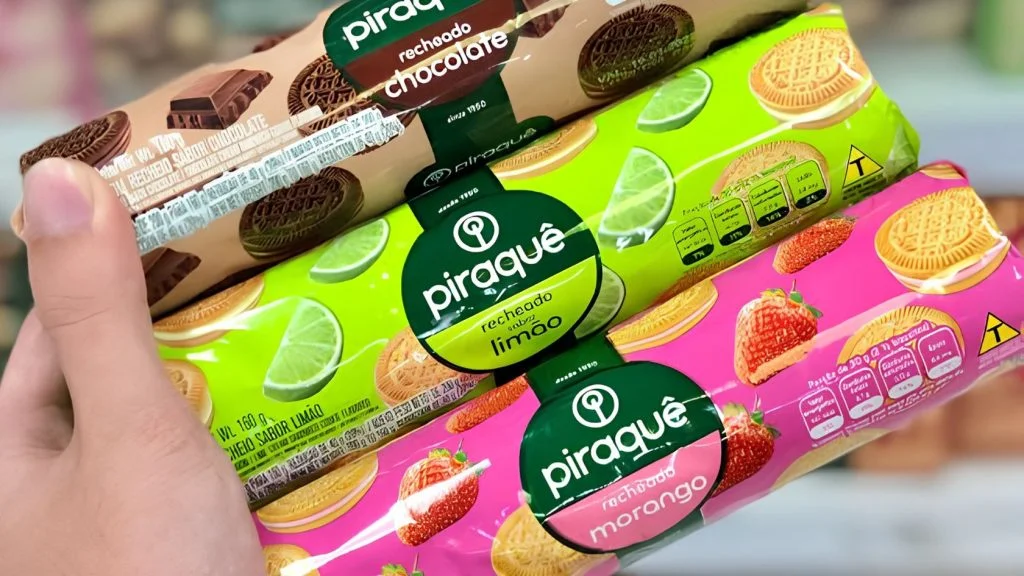 Mão segura biscoitos recheados Piraquê de chocolate, limão e morango; marca faz parte da promoção Piraquê e Vitarella