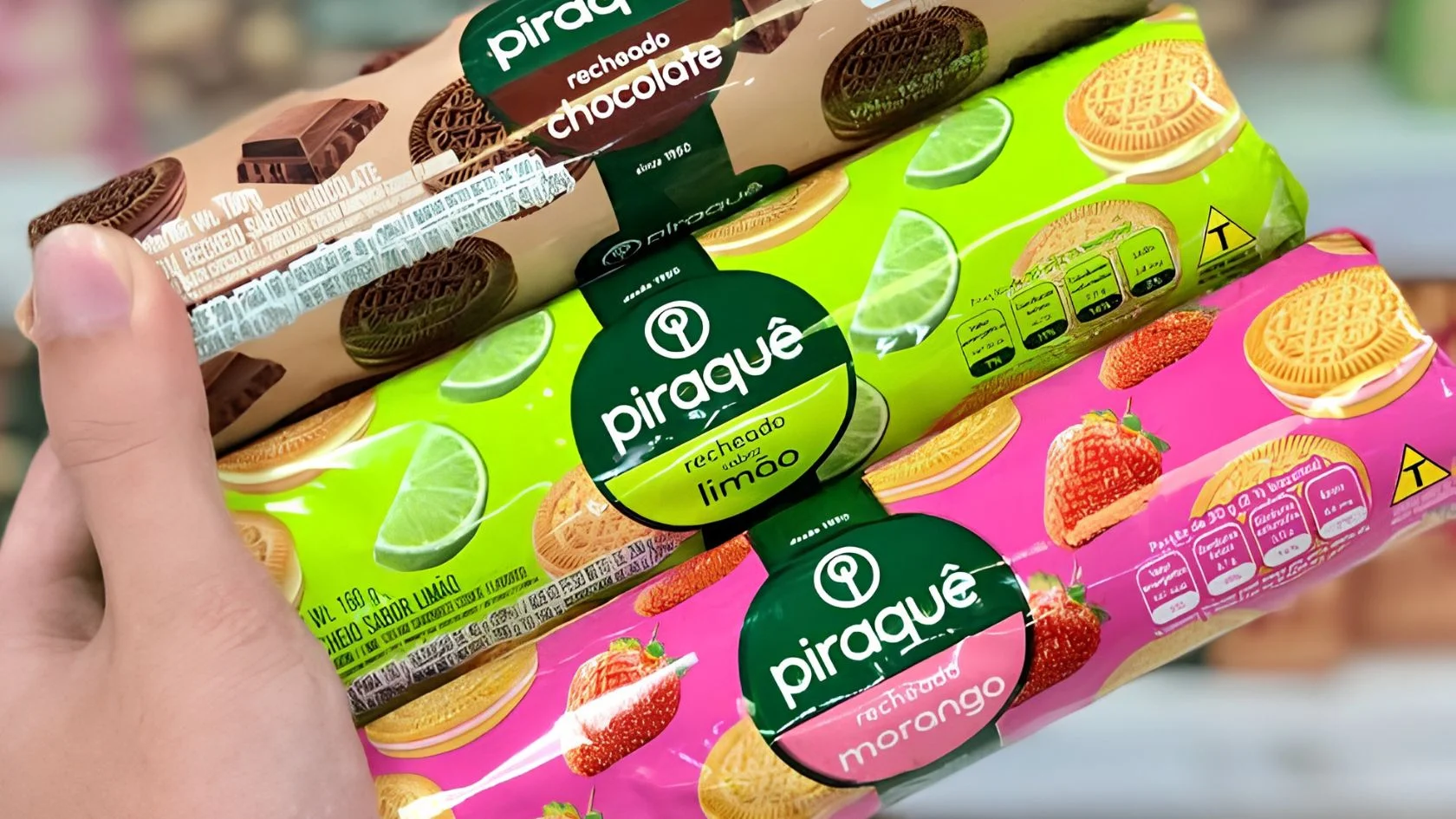 Mão segura biscoitos recheados Piraquê de chocolate, limão e morango; marca faz parte da promoção Piraquê e Vitarella