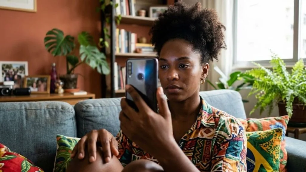 Mulher sentada no sofá aponta o celular para o rosto, gesto usado na biometria da Anatel por reconhecimento facial
