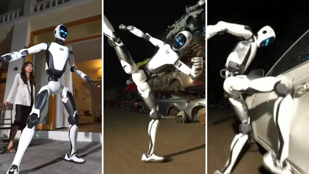 Robô humanoide chinês H2-X, da Unitree, dá chute e acrobacia em ferro-velho com carros empilhados, à noite