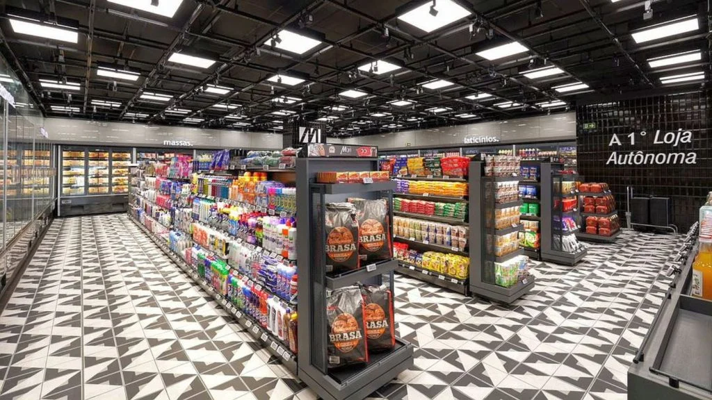 Interior de supermercado sem caixa do Grupo Muffato, com gôndolas, câmeras no teto e placa de primeira loja autônoma