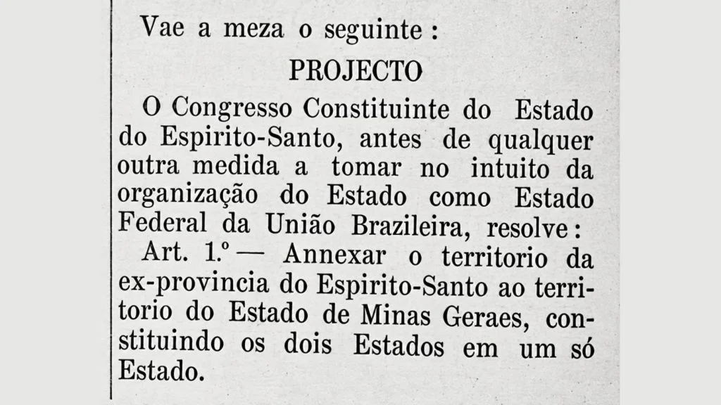 Trecho de jornal de 1892 com o projeto de Brocardo Penrose propondo a fusão do Espírito Santo com Minas Gerais