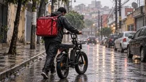Entregador Bicicleta elétrica Bateria na chuva