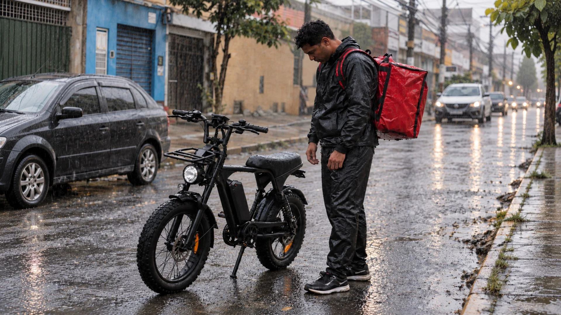 Entregador Bicicletas elétricas Chuva