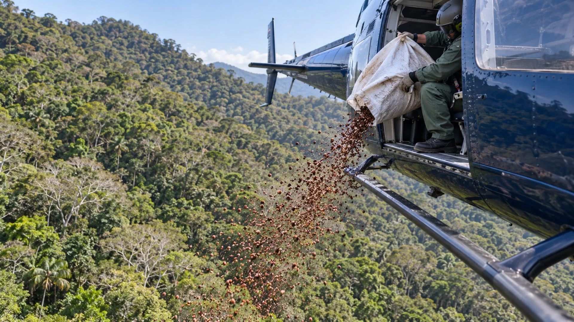 Helicóptero espalha 2,6 milhões de sementes