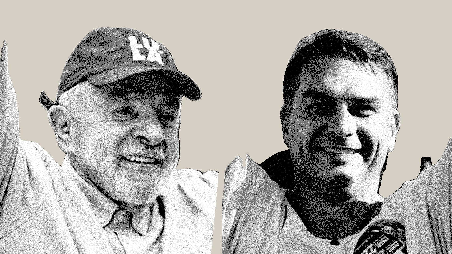 Montagem com Lula e Flávio Bolsonaro sorrindo, em preto e branco, ilustra a pesquisa segundo turno da BTG/Nexus