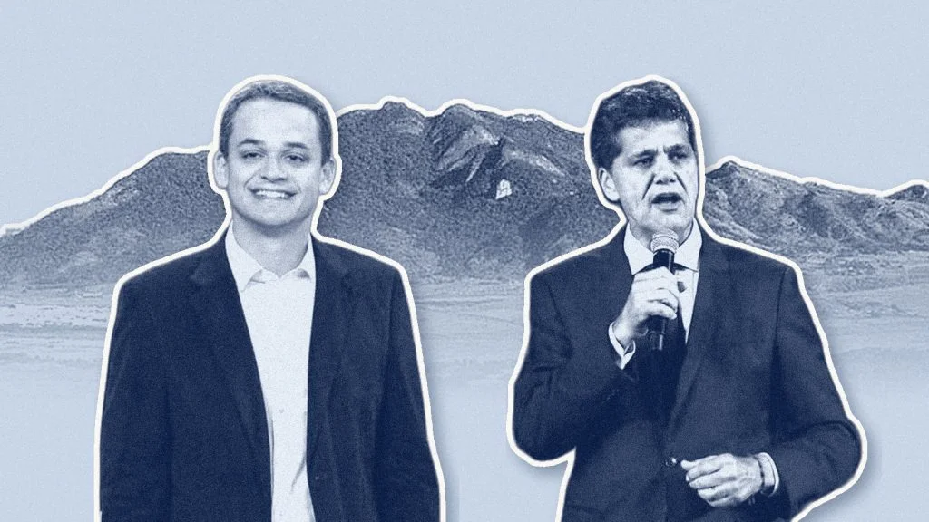 Montagem de Lorenzo Pazolini e Ricardo Ferraço com o Mestre Álvaro ao fundo, sobre a eleição para governador na Serra