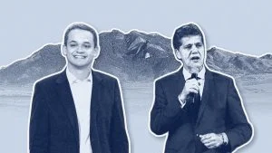 Montagem de Lorenzo Pazolini e Ricardo Ferraço com o Mestre Álvaro ao fundo, sobre a eleição para governador na Serra
